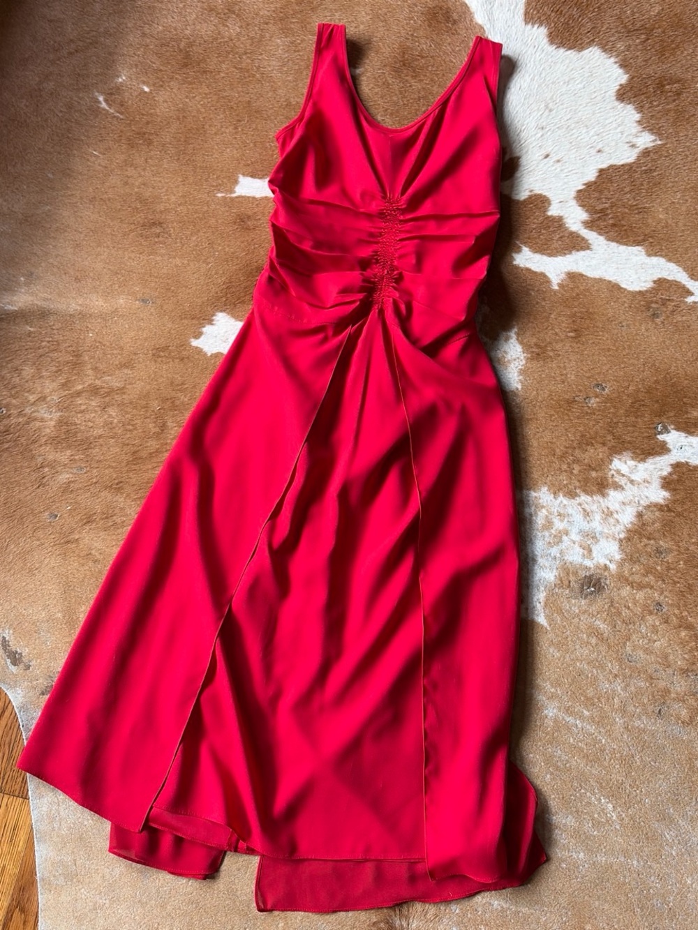 Red Sleeveless Ruched Midi Dress